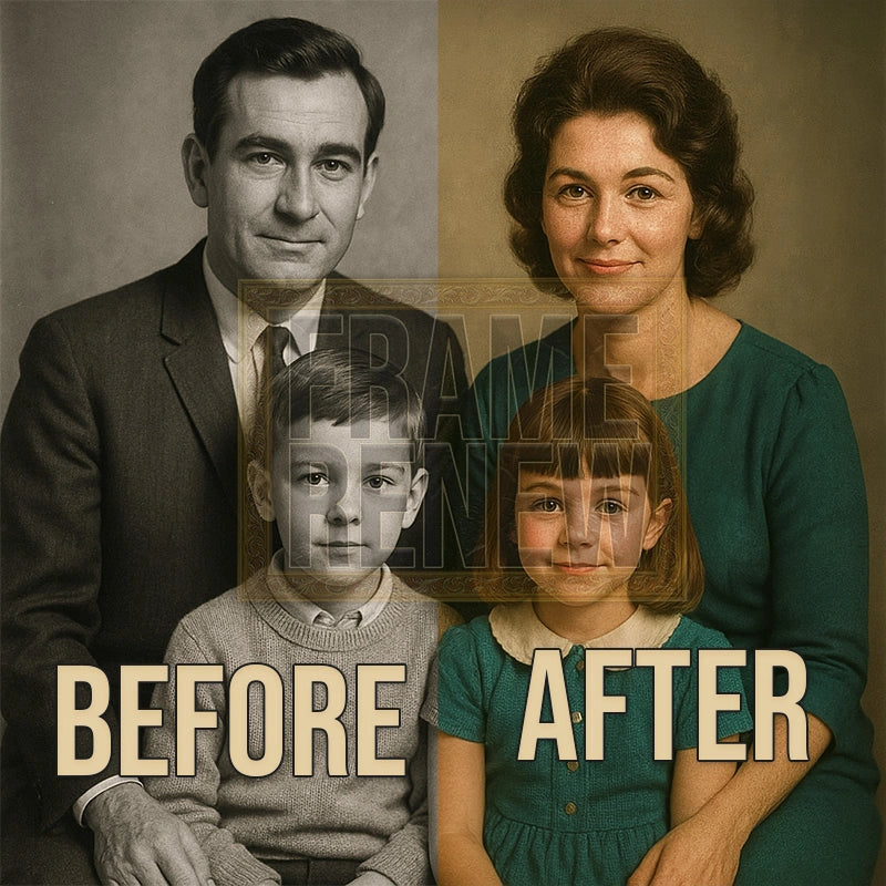 Before and after comparison of a family portrait with text overlay.