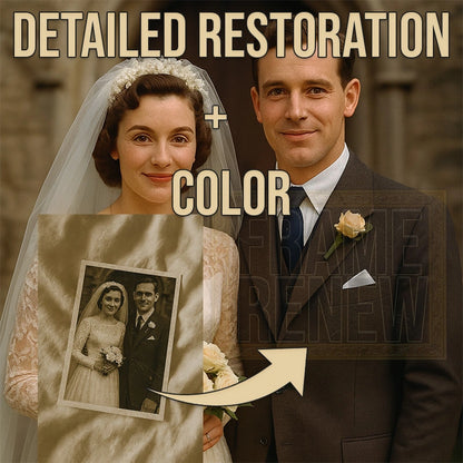 Wedding couple with text overlay 'Detailed Restoration + Color' and 'Frame Renew'.