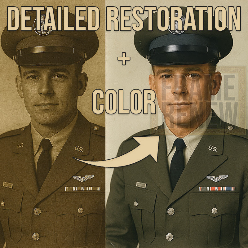 Before and after restoration of a military uniform with text 'Detailed Restoration + Color'.