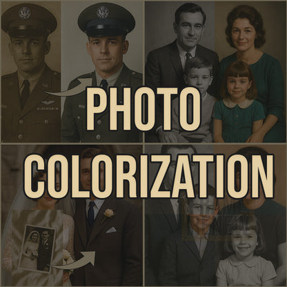 Collage of black and white photos with text overlay 'PHOTO COLORIZATION'.
