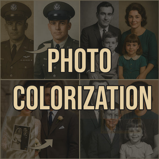 Collage of black and white photos with text overlay 'PHOTO COLORIZATION'.