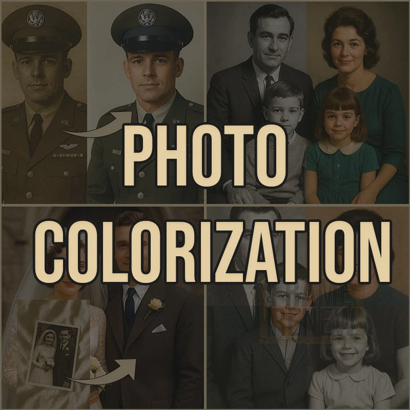 Collage of black and white photos with text overlay 'Photo Colorization' on a dark background.