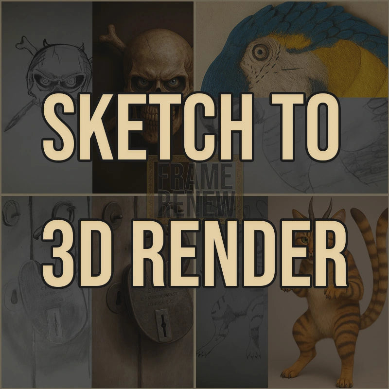 Collage of sketches and 3D renders with text 'Sketch to 3D Render'.