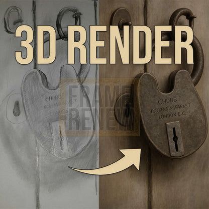 3D rendered vintage padlock on a wooden door with '3D Render' text overlay.