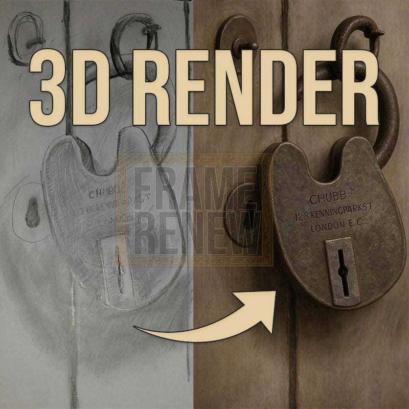 3D rendered vintage padlock on a wooden door with '3D Render' text overlay.
