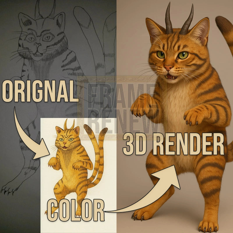 Comparison of a cat illustration with original, color, and 3D render versions.
