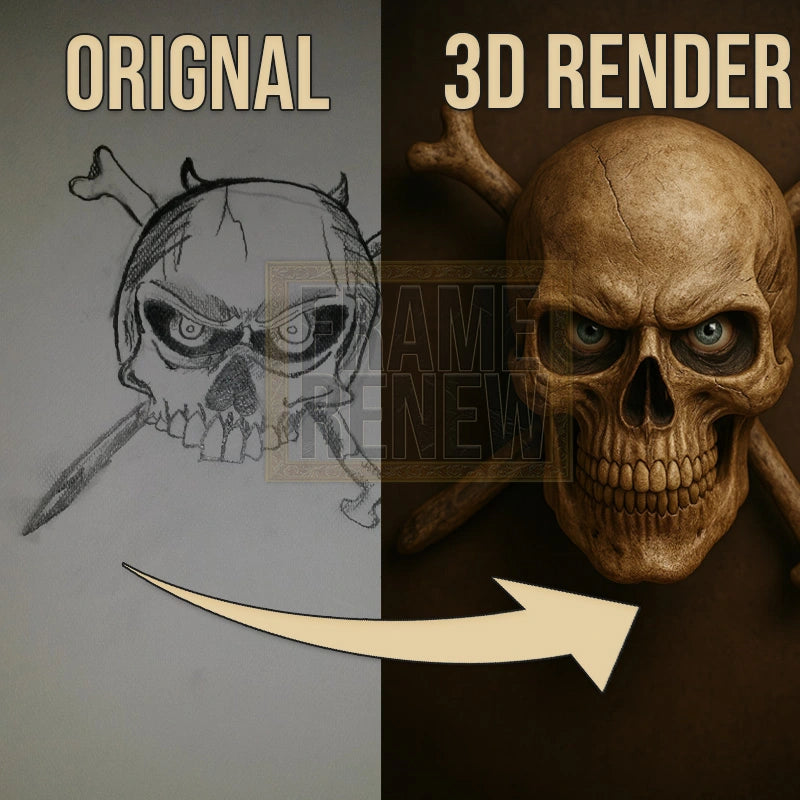 Comparison of a 2D sketch and a 3D rendered skull with an arrow pointing from the sketch to the 3D model.
