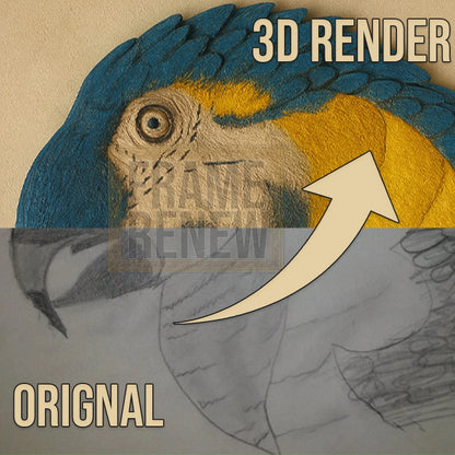 Comparison of a 3D-rendered parrot illustration with an original hand-drawn version on a beige background.